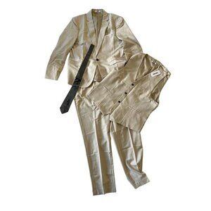 COOFANDY Men's 3-Piece Tuxedo Suit Set Blazer Vest Pants Wedding Beige XS